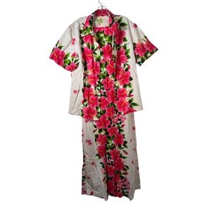 Vintage Hawaiian Pink Hibiscus Floral Barkcloth Dress and Shirt Set Preppy